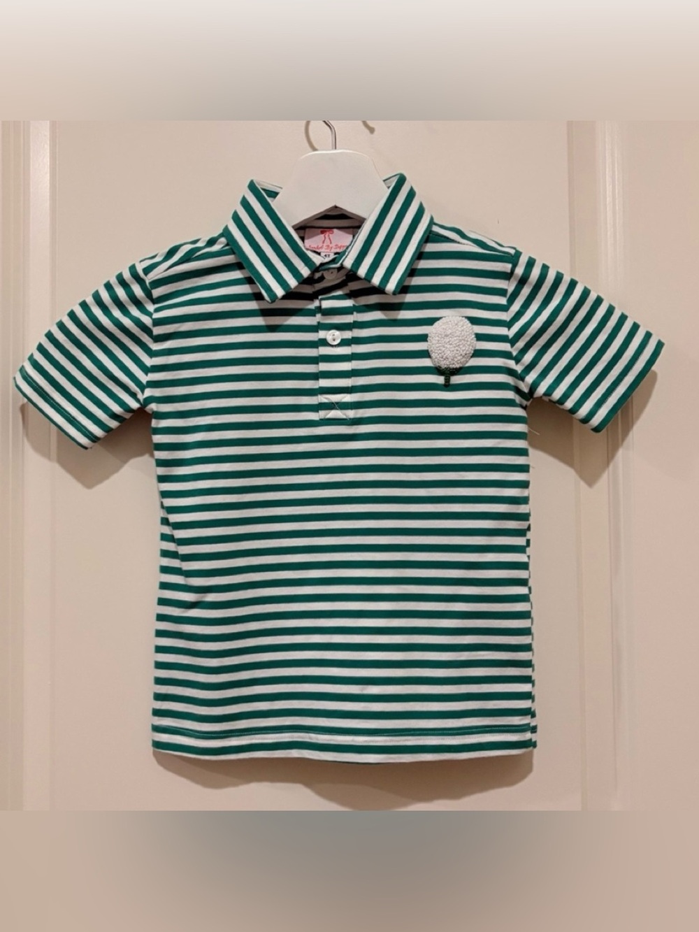 Smocked by Dezign  Green & White Stripe W/ Chenille Golf Tee & Ball Polo Shirt 4